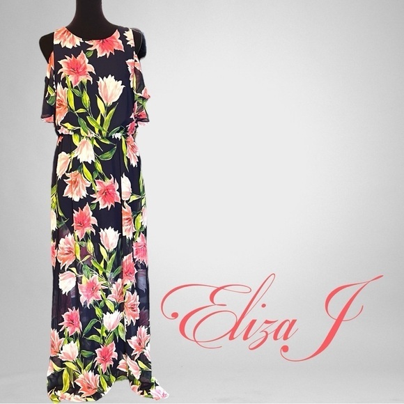 Eliza J Floral Maxi Chiffon Cold Shoulder Tropical Dress Sz 10 - Picture 1 of 7